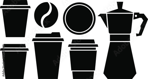Black coffee beverage icons set including takeaway cups mug symbols and moka pot isolated on white background illustration design