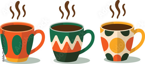 Colorful steaming coffee mugs with abstract patterns isolated on white background for cozy beverage illustration kitchen design concept