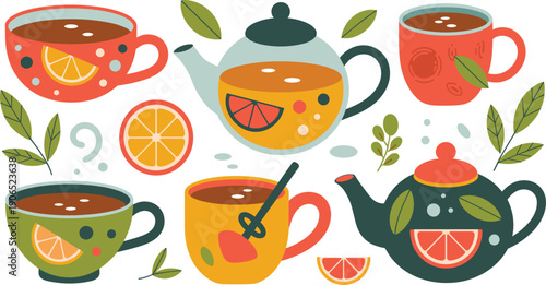 Colorful herbal tea cups and teapots with citrus fruits and leaves isolated on white background cozy beverage illustration