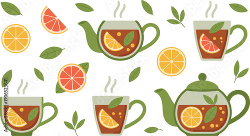 Herbal citrus tea cups and teapots with lemon and grapefruit slices isolated on white background healthy beverage illustration