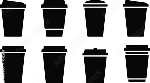 Black takeaway coffee cup silhouettes set isolated on white background for cafe beverage packaging icon illustration design