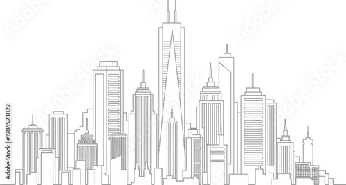 Minimalist black and white line art drawing depicting a dense urban cityscape skyline featuring various modern and classic skyscraper silhouettes against a white background