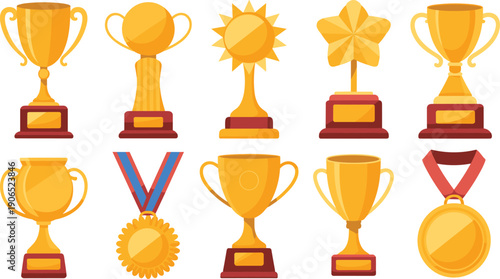 Gold trophy cups medals and award icons collection isolated on white background for achievement victory success illustration design