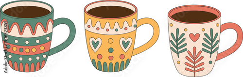 Cute colorful coffee mugs with heart and leaf patterns isolated on white background for cozy kitchen drinkware illustration design