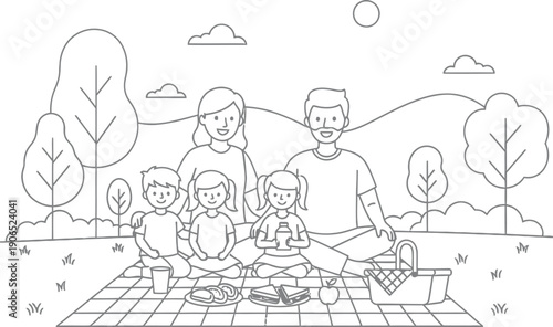Happy family of five enjoying a delightful outdoor picnic together on a checkered blanket surrounded by nature and sunshine in a park setting