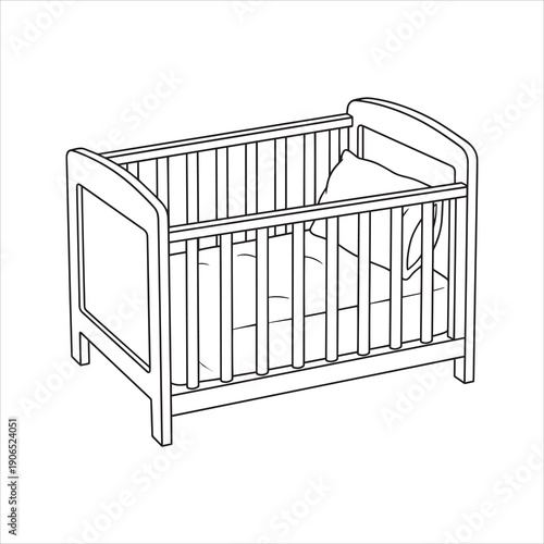 Baby crib with rails line art vector style coloring book 