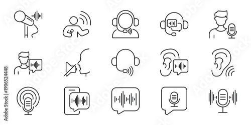 Sound wave microphone, ear, and voice communication icons, representing speech technology and audio signals