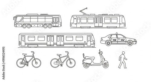 Collection of public transportation and personal vehicles.