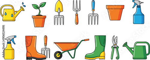 gardening, tools, equipment, set, illustration, garden, watering, boots, shovel, fork, spray, pot, plant, wheelbarrow, pruning, cartoon, colorful, collection, flat, design