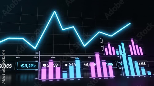 Neon Line Graphs and Bar Charts Display a Dynamic Market Trend Scene.