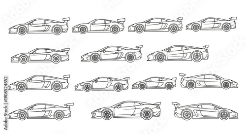Collection of racing car sketches in various poses and angles.