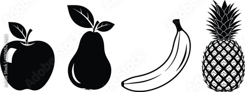 Black and white fruit silhouette icons set featuring apple, pear, banana, and pineapple isolated on white background, minimal flat design vector illustration