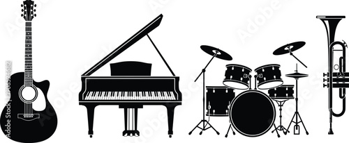Black and white musical instruments silhouette set featuring acoustic guitar, grand piano, drum kit and trumpet isolated on white background, music icon vector illustration