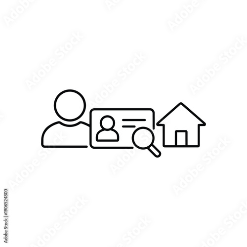 Black and white property management icon with person profile magnifier and house symbol for real estate services and tenant screening