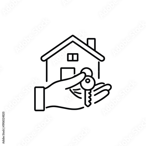 Property management icon hand giving house keys real estate rental service black and white line vector illustration