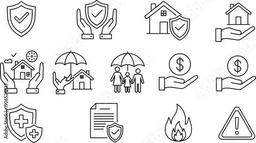 Insurance, icons, set, home, protection, security, finance, shield, house, safety, family, policy, vector, outline, illustration, modern, minimal, symbols, risk, concept