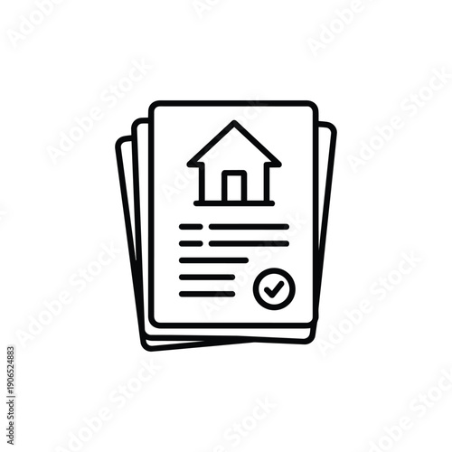 Property management contract icon black and white real estate document with house and checklist line vector illustration