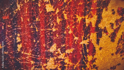 Bilde på lerret Close-up of scratched textured surface with red, yellow, and dark tones showing
