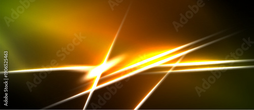 Bright lines intersect, creating dynamic energy. Golden hues dominate dark background. Abstract light patterns suggest speed, power.