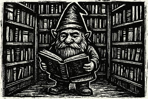 Woodcut Illustration of a Gnome Reading in a Library Surrounded by Books