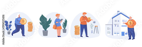 Senior people saving money investing coins in pension fund and home retirement plan financial security flat vector illustration set