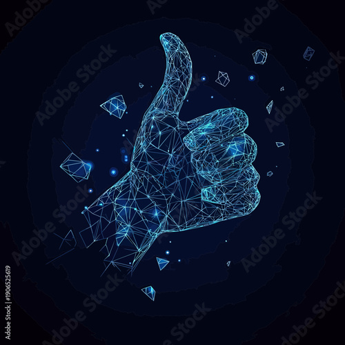 Polygonal low poly digital hand showing thumbs down with glowing blue wireframe mesh and flying polygonal debris on dark background technology concept illustration