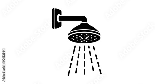This black vector icon represents a bathroom shower head with flowing water, symbolizing hygiene, cleanliness, bathing, and personal care routines. It reflects daily hygiene habits, relaxation, and we