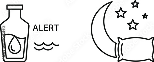 Alert and Sleep Icons: Medicine Bottle, Pillow, Moon, and Stars