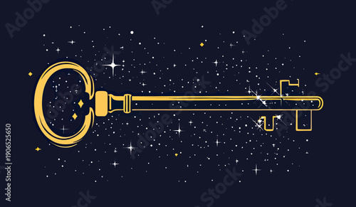 Golden vintage skeleton key with glowing sparkle effect and starry cosmic background digital vector illustration
