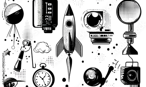 Black and white retro technology and science icons collage rocket pocket watch microscope telescope vintage camera space elements halftone pop art style vector illustration