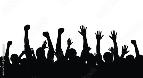 A crowd of silhouetted people raising their hands in the air