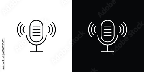 Sleek outline microphone icon with dynamic sound waves, perfect for audio recording, voice communication, podcasting, broadcasting, and digital media projects