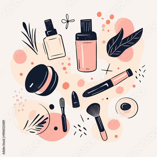 Hand drawn beauty makeup products set with mascara lipstick brush cream bottle and leaves minimalist doodle style vector illustration