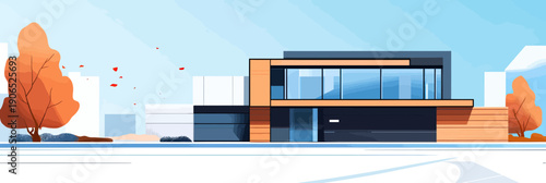Modern minimalist 3d house exterior with flat roof large glass windows wood paneling and garage in clear bright day architectural building design vector illustration