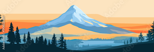 Flat minimalist vector illustration of Mount Hood Oregon with snow capped peak, pine forest silhouette, and layered orange sky background at sunset