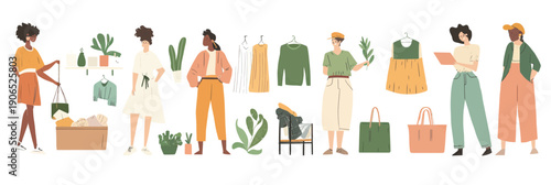 Diverse women shopping sustainable clothing and plants in minimal flat style, eco friendly fashion, second hand marketplace concept illustration