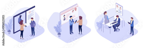 Isometric recruitment process illustration with HR managers reviewing resumes, interviewing candidates, shaking hands, and selecting employee for job position in flat minimalist style vector