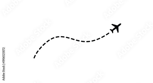 An airplane follows a dashed line path indicating travel or flight