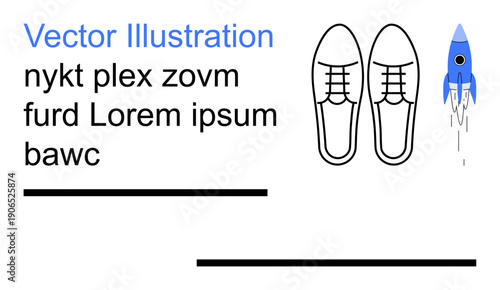 Creative design, branding, education, template design, marketing, modern artwork. Shoes, text and a blue rocket on a clean background. Creative design and branding concept