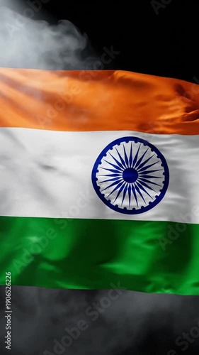 Waving Indian national flag with smoke and dramatic lighting