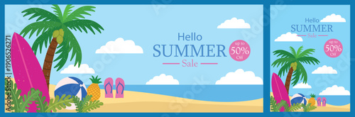 Bright summer beach sale banner vector with palm tree, surfboard, flip flop, pineapple and ocean view. Colorful tropical illustration perfect for seasonal promotion, poster, social media and branding.
