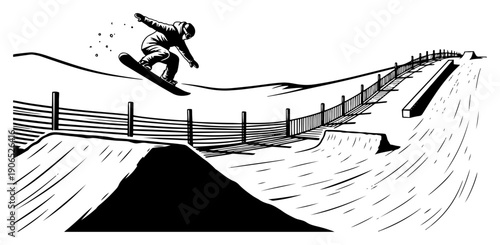 Snowboarder jumping high in the air at a snow park in minimalist woodcut illustration style