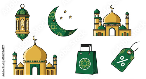 Set of vector Eid Ramadan shopping icons and building architecture illustrations featuring a travel label gift tag and sale price symbol design