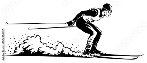 Professional cross country skier racing on snowy track in dynamic woodcut vector style