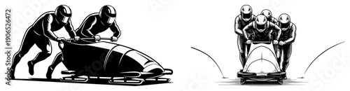 Collection of bobsleigh teams pushing sleds from different angles in woodcut vector style
