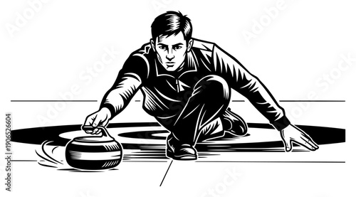 Focused professional curling player sliding a heavy stone across the ice rink black and white vector art