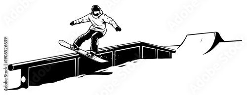 Freestyle snowboarder performing a rail slide trick in a snowy park black and white vector graphic