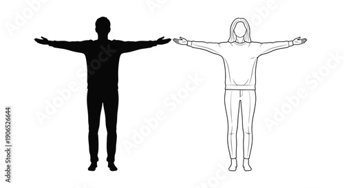 Two human figures depicted with contrasting styles silhouette and line art