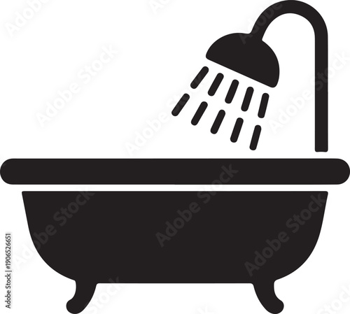 Bath tub and shower head with water drops black vector icon. Bathroom, shower sign, glyph isolated symbol.