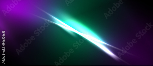 Abstract light streaks blend purple, green hues. Bright central beam radiates energy, creating dynamic visual effect. Dark background emphasizes luminosity.